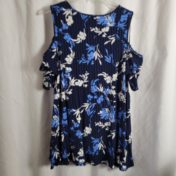 Elle XL Cold Shoulder Short Sleeve Blouse Blue White floral striped Rayon EUC - Picture 10 of 11